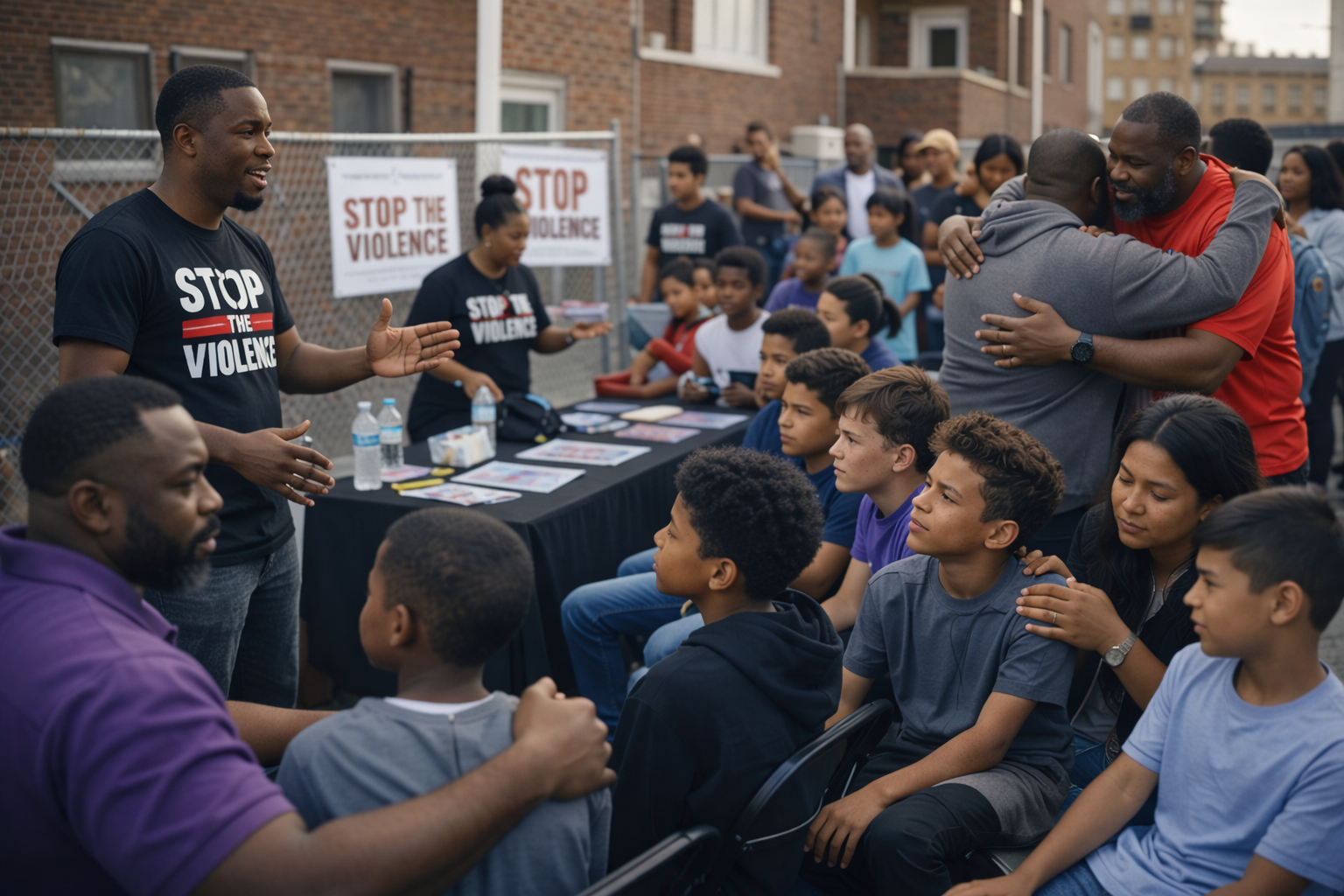 Urban community anti-violence event with African American mentors speaking to children and families