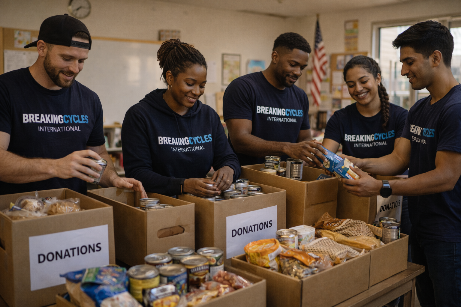 Volunteers organizing donation boxes and food supplies