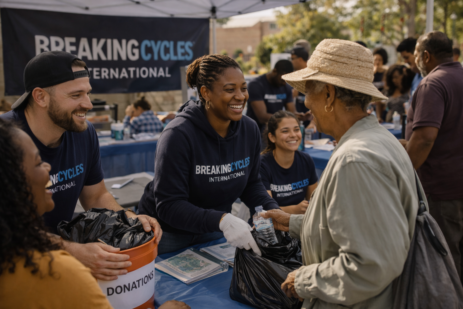 Volunteers working together at a neighborhood cleanup event