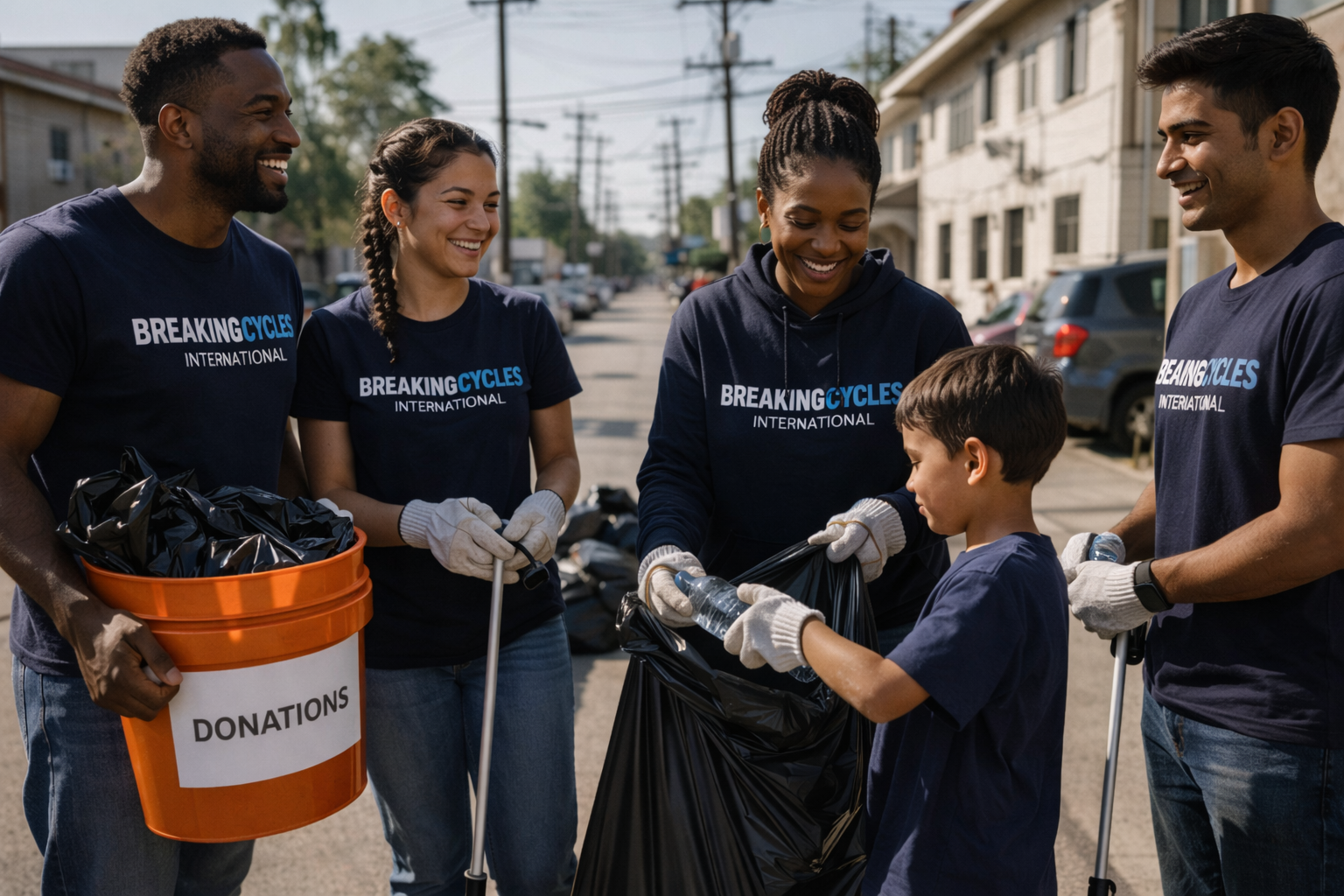 Volunteers cleaning up an urban neighborhood