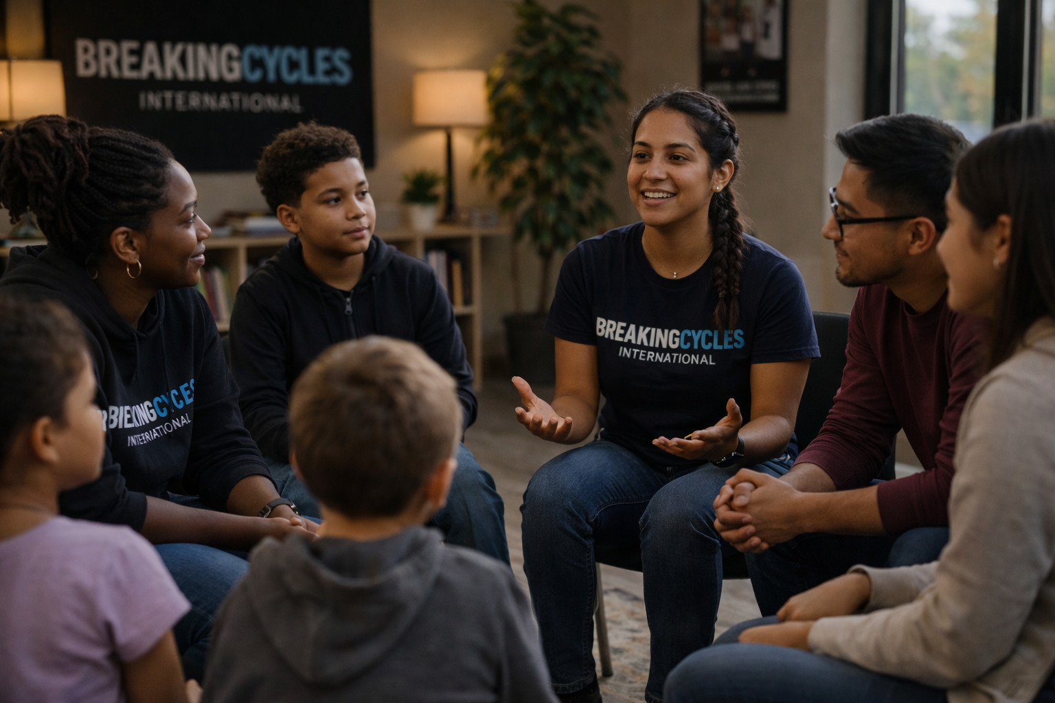 Two mentors talking to a family