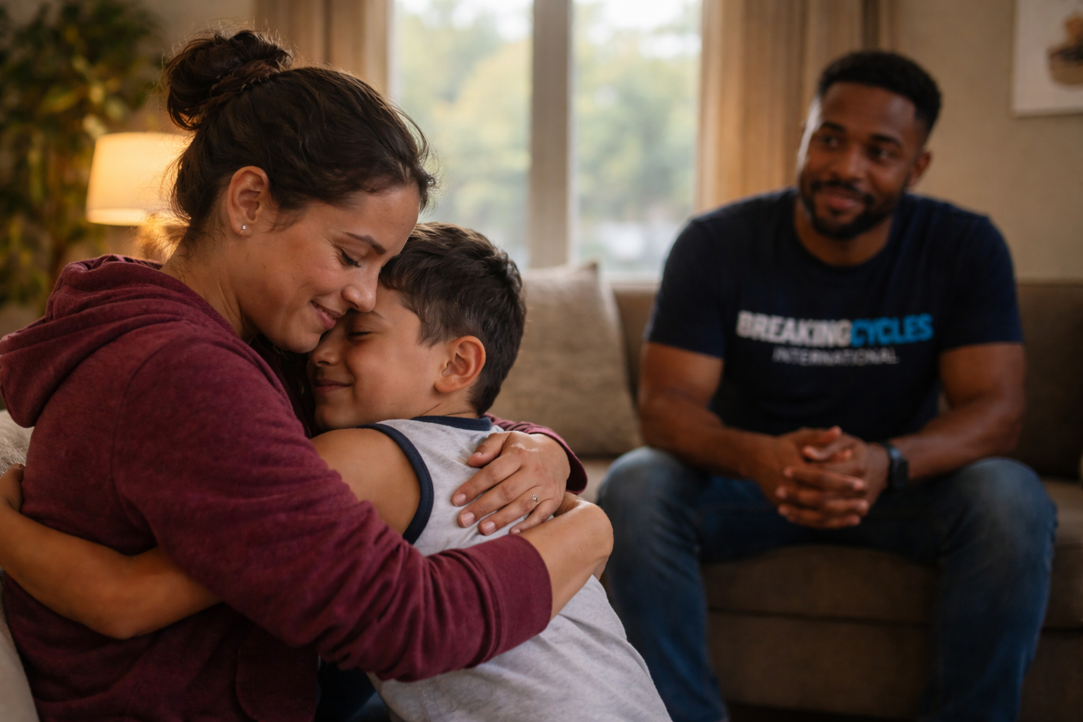 A mom hugging her son with the mentor in the background