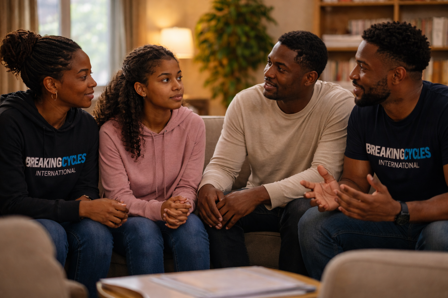 Two mentors talking to a father and daughter