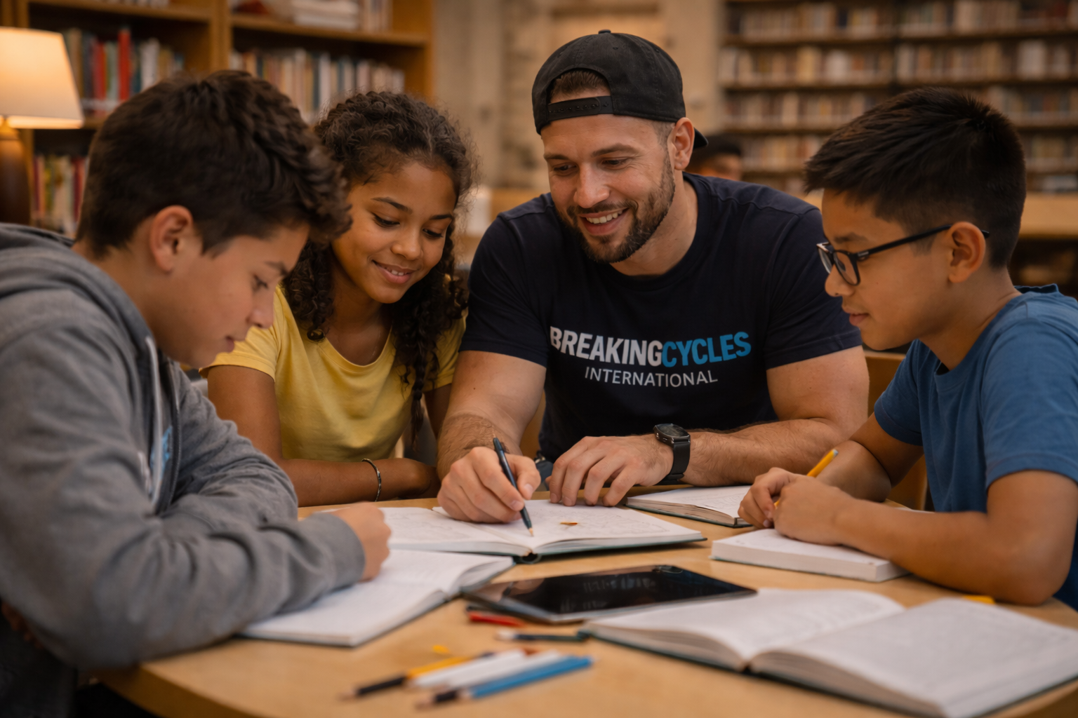A mentor tutoring kids in a library