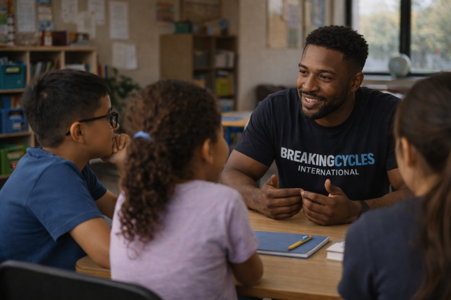 A mentor talking to a group of elementary school kids