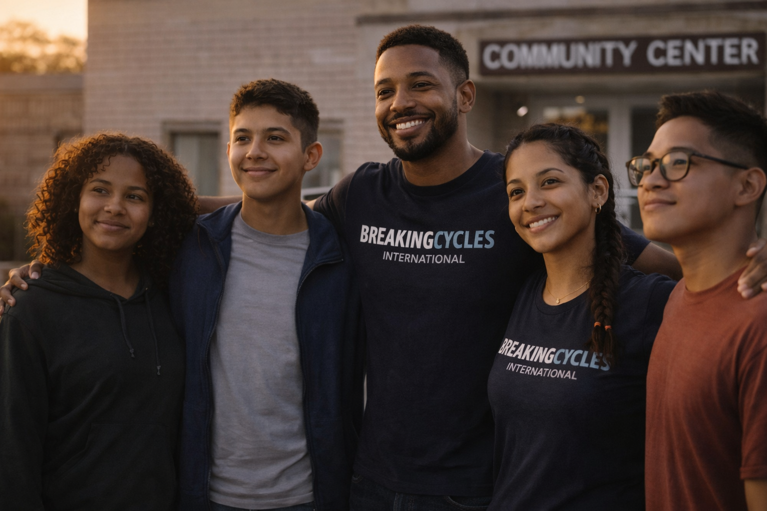 Two youth mentors standing in the middle taking a picture with youths.