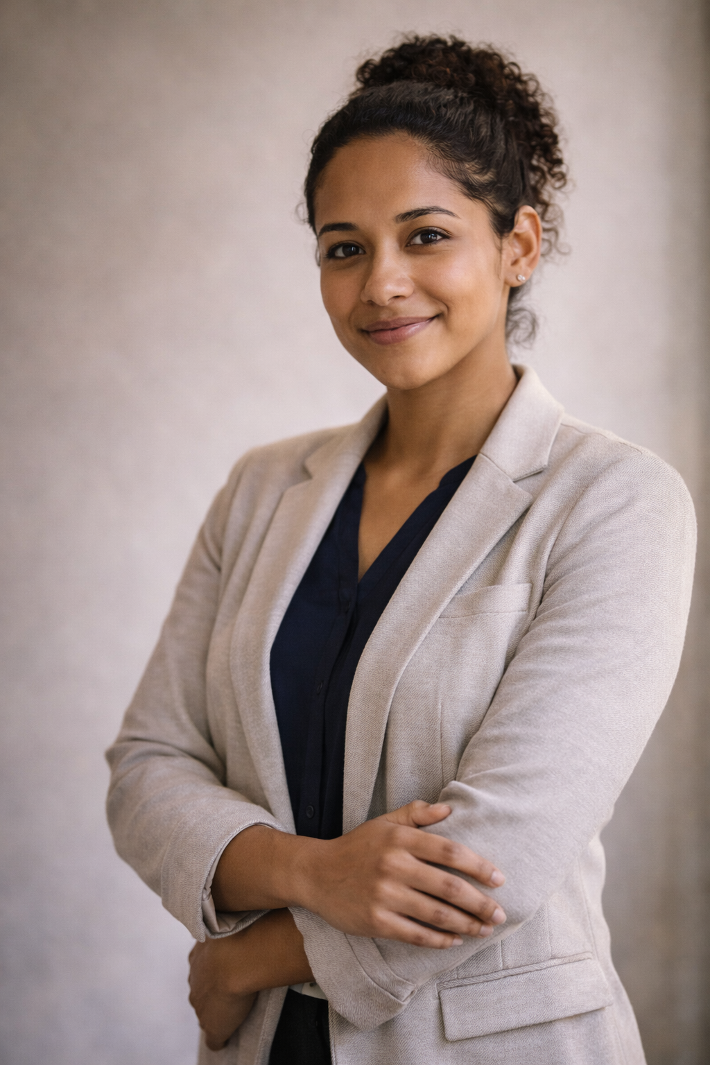 Program Coordinator dressed in a dress casual open grey blazer