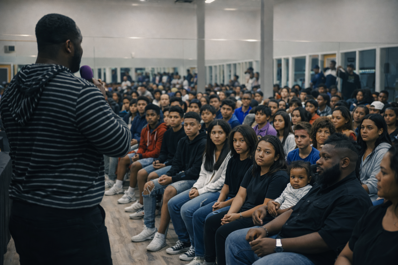 A speaker addressing a diverse audience of mostly youths with parents